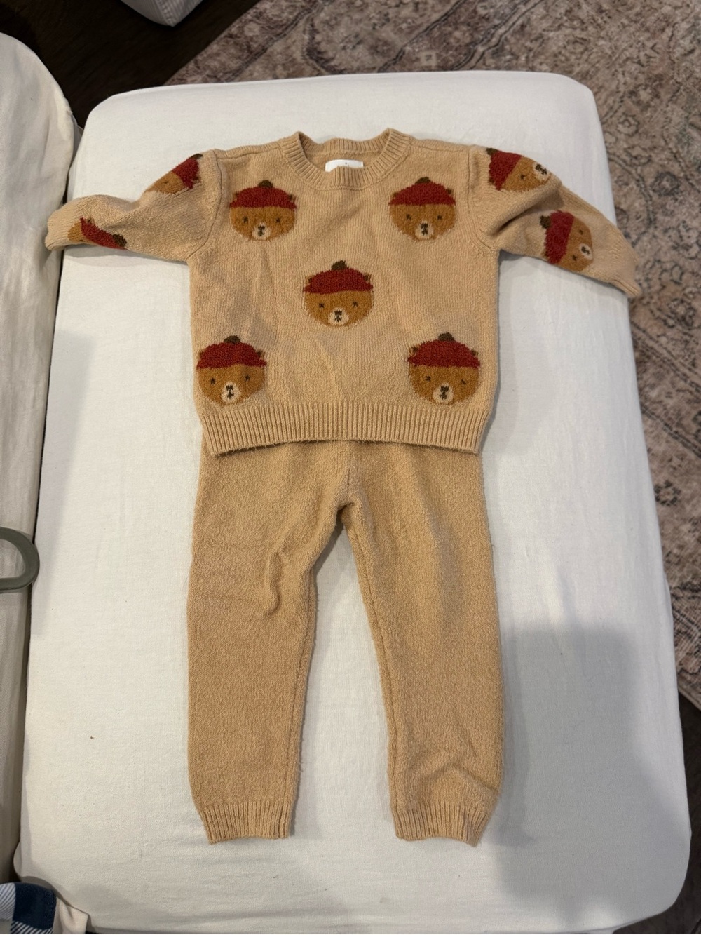 cloud island Tan Knit Sweater with Red and Brown Bear Motifs
